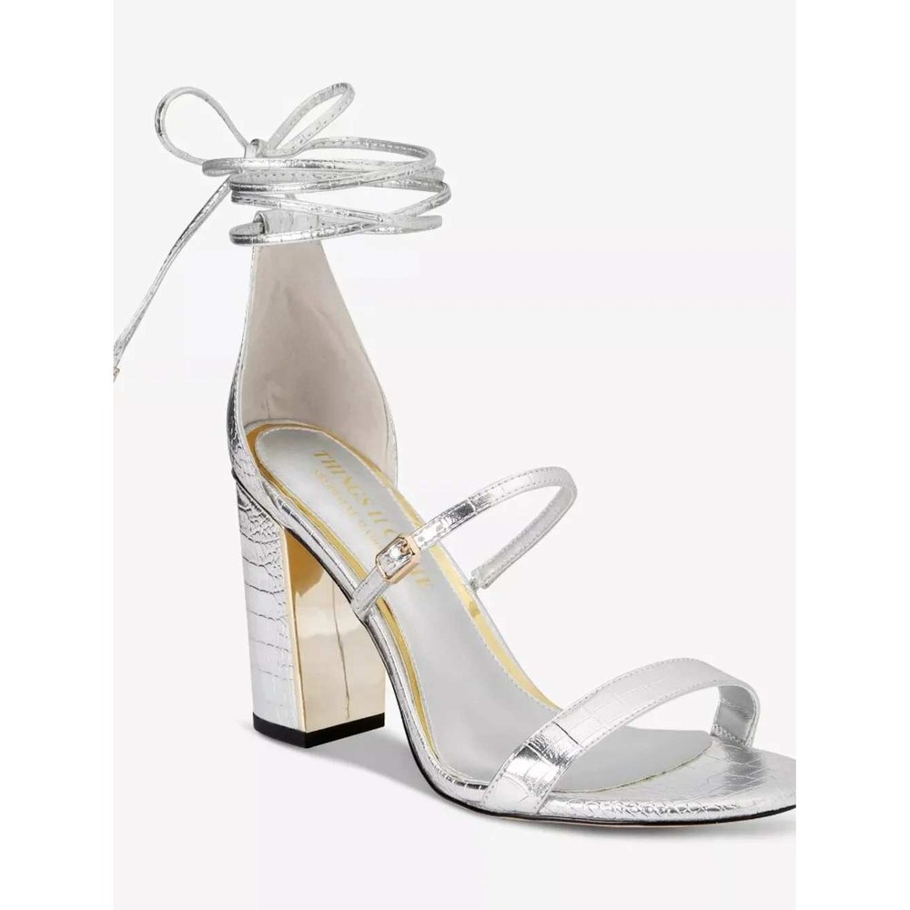 Things‎ II Come Womens Silver Croc Lace Up Block Heel Sandals Size 8.5 NEW